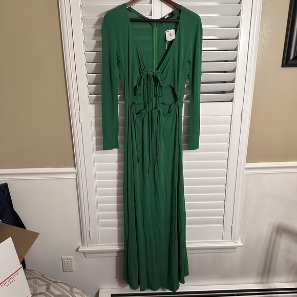 Proenza Schouler Dress Womens 12 Green Cutout Tie Front Long Sleeve Maxi
